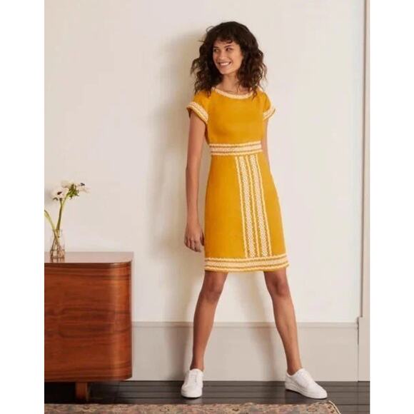Boden Shift Dress Women 10 NEW 100% Linen Shift Mini Tuscan Yellow Embroidered - Picture 1 of 13